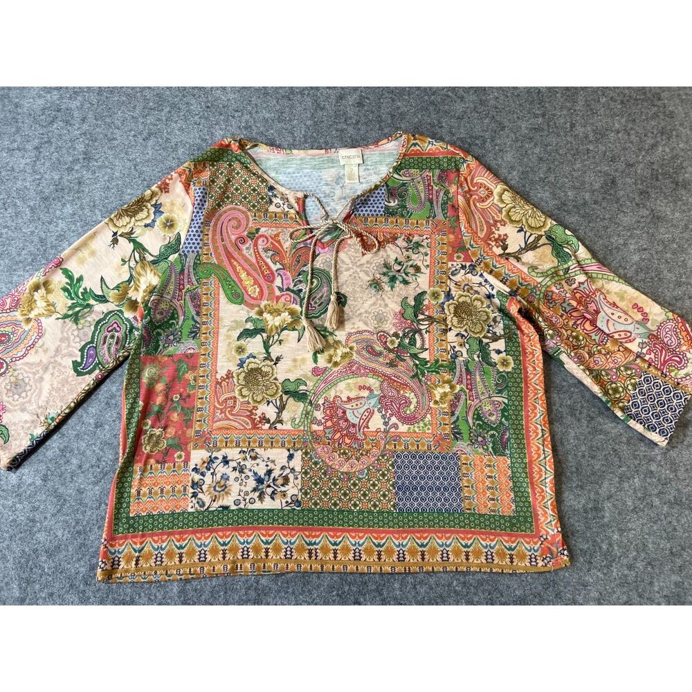 Chicos Mixed Media Boho Top Patchwork Floral Tiles Sz 2 (12 Large)